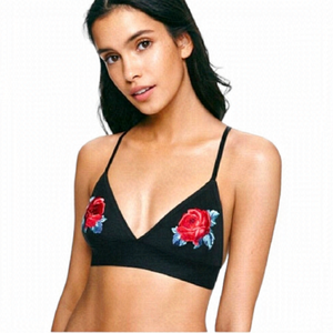Pink by Victoria’s Secret Lace Triangle Bralette with Embroidered Roses on Black